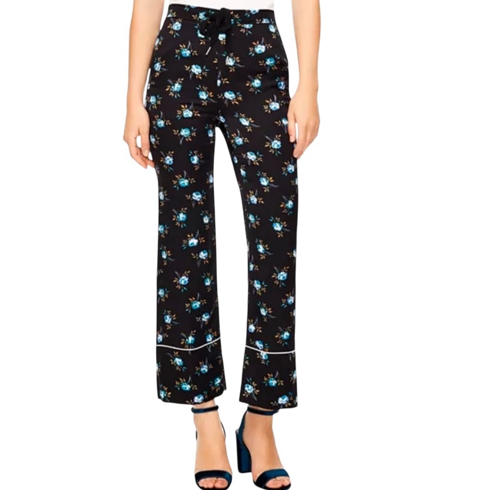 Sandro Black Wide-Leg Floral Pants with Blue Print